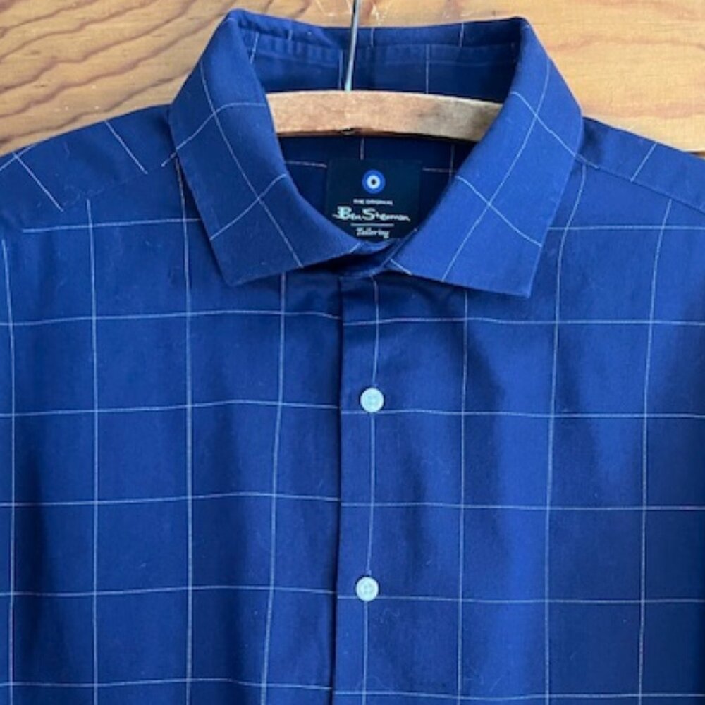 Ben Sherman Stretch Navy Thin WH Stripes Classic Long Sleeve Men's Shirt Size L